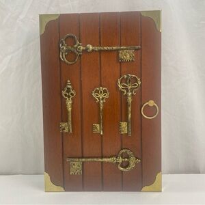 Wooden wall-mounted key holder box decorative brass-finish skeleton keys Vintage